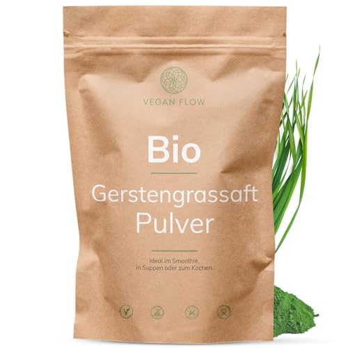 VEGAN FLOW® Rohkost Bio Gerstengras Saft-Pulver (250g), frei von Zusätzen, feines und grünes Smoothie-Pulver (1)