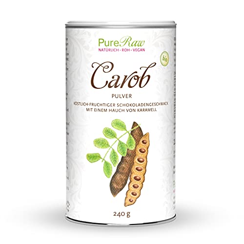 Carobpulver Bio Vegan - Natürliche Süße, Ballaststoffreich, reich an Mineralien, Koffeinfrei - Kakao Alternative für Trinkschokolade ohne Zucker - Johannisbrot Pulver Bio, Carob Powder | PureRaw 240g