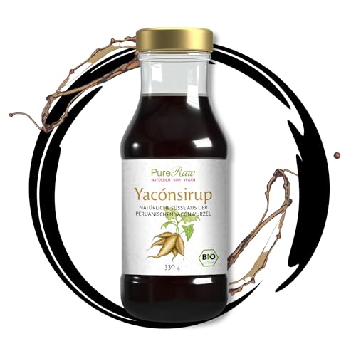 Yacon-Sirup Bio Yakonsirup (Vegan) Sirup Ohne Zucker-Zusatz, Natürlicher Flüssiger Zuckerersatz Yaconsirup mit Ballaststoffen Inulin Fiber Sirup - 100% Naturprodukt - Yacon Syrup | PureRaw 330g