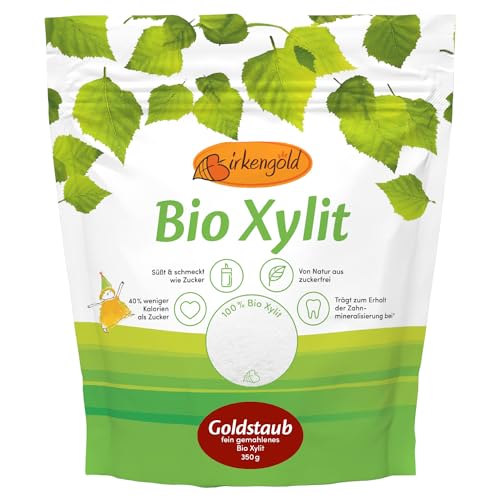 Birkengold Bio Xylit Puderzucker, 350 g Beutel | Staubzucker | sehr fein | aus biologischer Landwirtschaft | 40% weniger Kalorien | zahnfreundlich | ideal zum Kochen und Backen