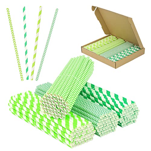 TGFIX 120 PCS Grüne Strohhalme Grün-weiß gestreifte Papierstrohhalme Trinkhalme aus Papier für Kinder Dinosaurier-Geburtstag Zubehör St. Patricks Party Deko (ca. 19 * 0,6cm)