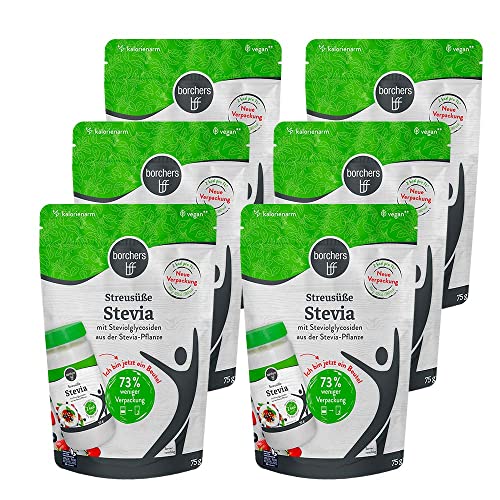 6 x borchers Stevia Streusüße | Kalorienarm | Stevia-Pflanze | Rebaudiosid A | 75g