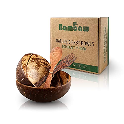 Bambaw Kokosnuss Schale Set aus 2 Schalen mit Holzbesteck | Vegane Schüssel | Für Buddha Bowl und Acai Bowl | Holz Schalen Set | Bowl Set | Holz Schüssel | Schüssel Set | Coconut Bowl
